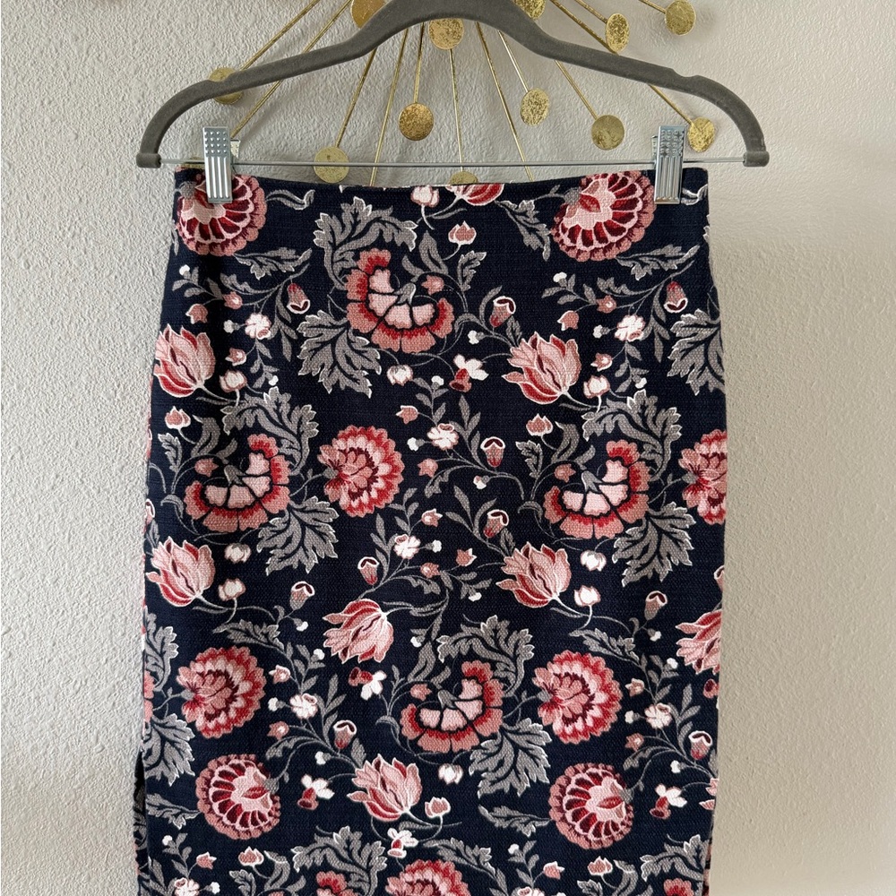 LOFT Navy, Gray, and Pink Floral Pencil Skirt